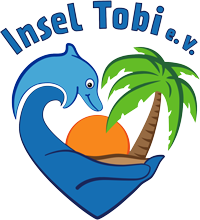 Das Logo zeigt einen blauen Delfin, der über eine Welle springt, mit einer Palme und einer orangefarbenen Sonne innerhalb eines herzförmigen Umrisses. Über der Grafik erscheint in blauen Buchstaben der Text Insel Tobi e.V., der auf die Kidzbase-Initiative hinweist.