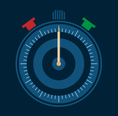 uhr Eine grafische Illustration einer Stoppuhr, perfekt für deutschland logistik Themen, mit einem gelben Sekundenzeiger, der gerade nach oben zeigt. Der rote Knopf befindet sich links und der grüne Knopf rechts vor einem dunkelblauen Hintergrund.